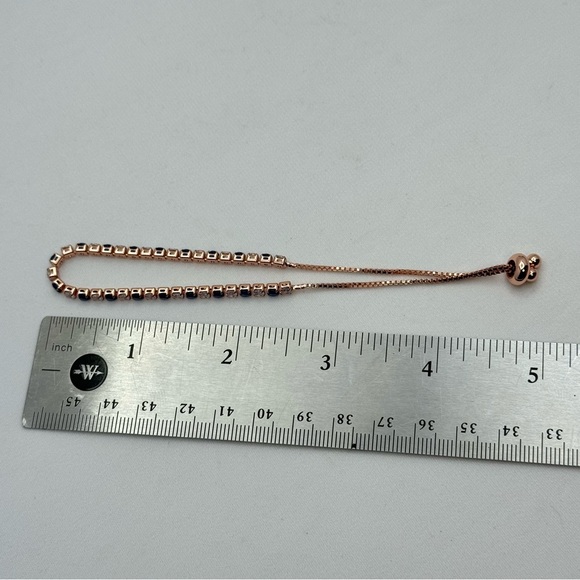 Rose Gold Tone Plated Blue & Clear Crystal Slider Bracelet Adjustable - Picture 4 of 6